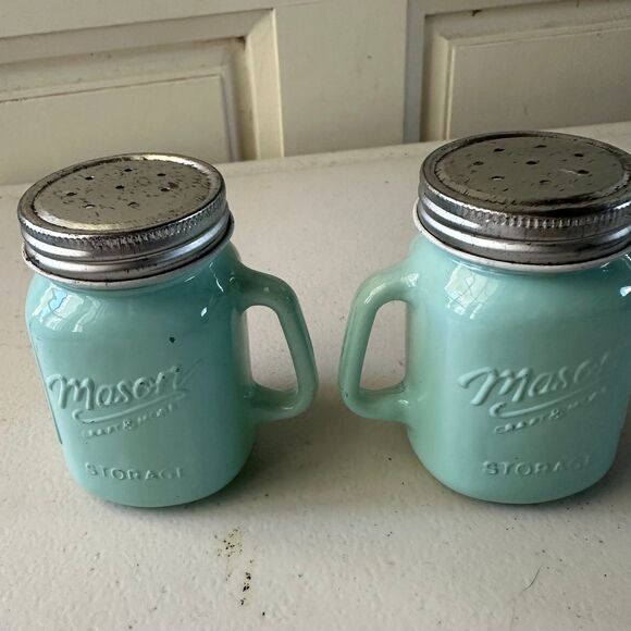 Mason Jar Craft & More Farmhouse Style Milk Glass Green Salt Pepper Shaker Set - Picture 3 of 6